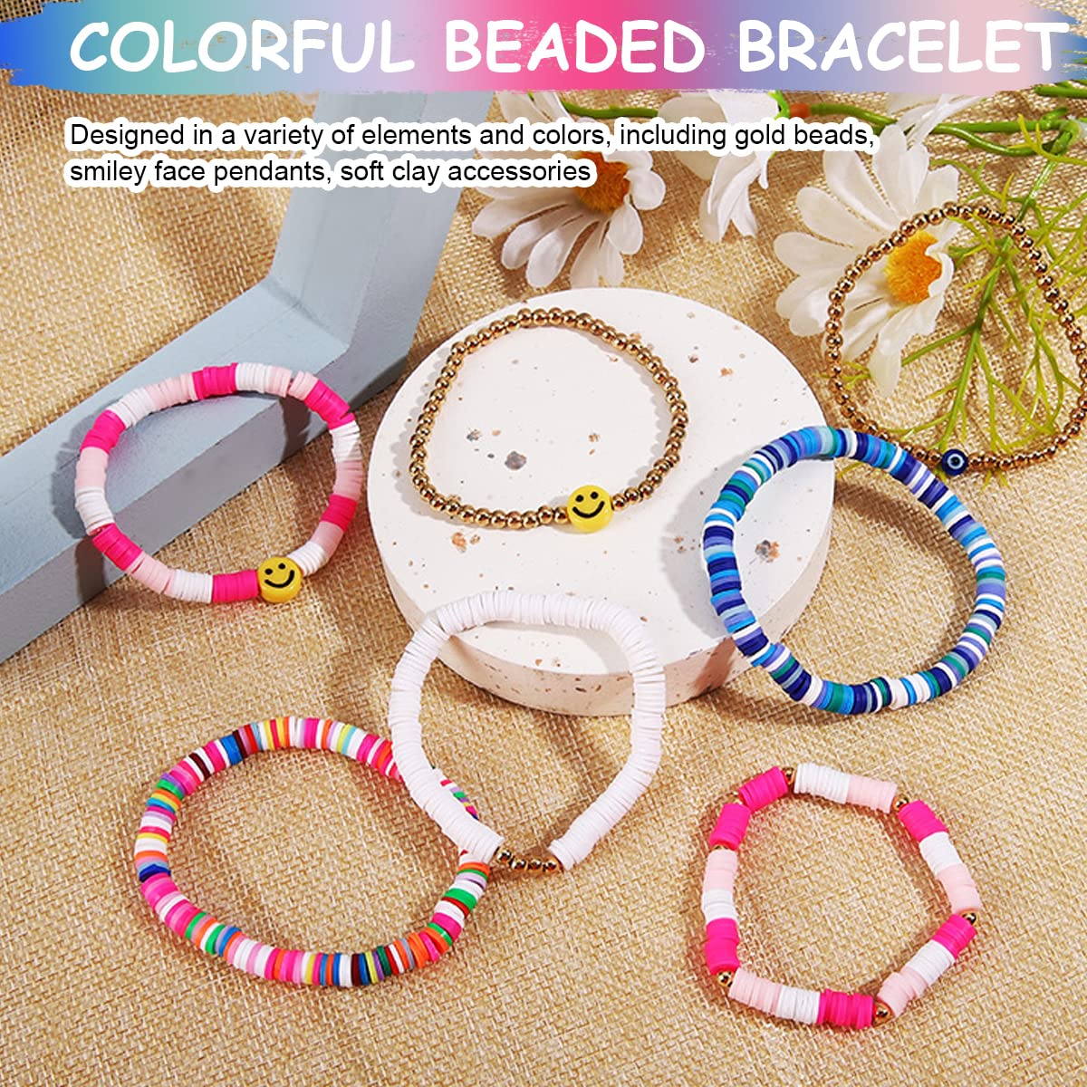 SANNIDHI 7Pcs Beads Bracelet for Girls Colorful Happy Smile Boho Beaded Bracelets Set Y2K Summer Beach Clay Jewelry for Girls SANNIDHI 7Pcs Beads Bracelet for Girls Colorful Happy Smile Boho Beaded Bracelets Set Y2K Summer Beach Clay Jewelry for Girls